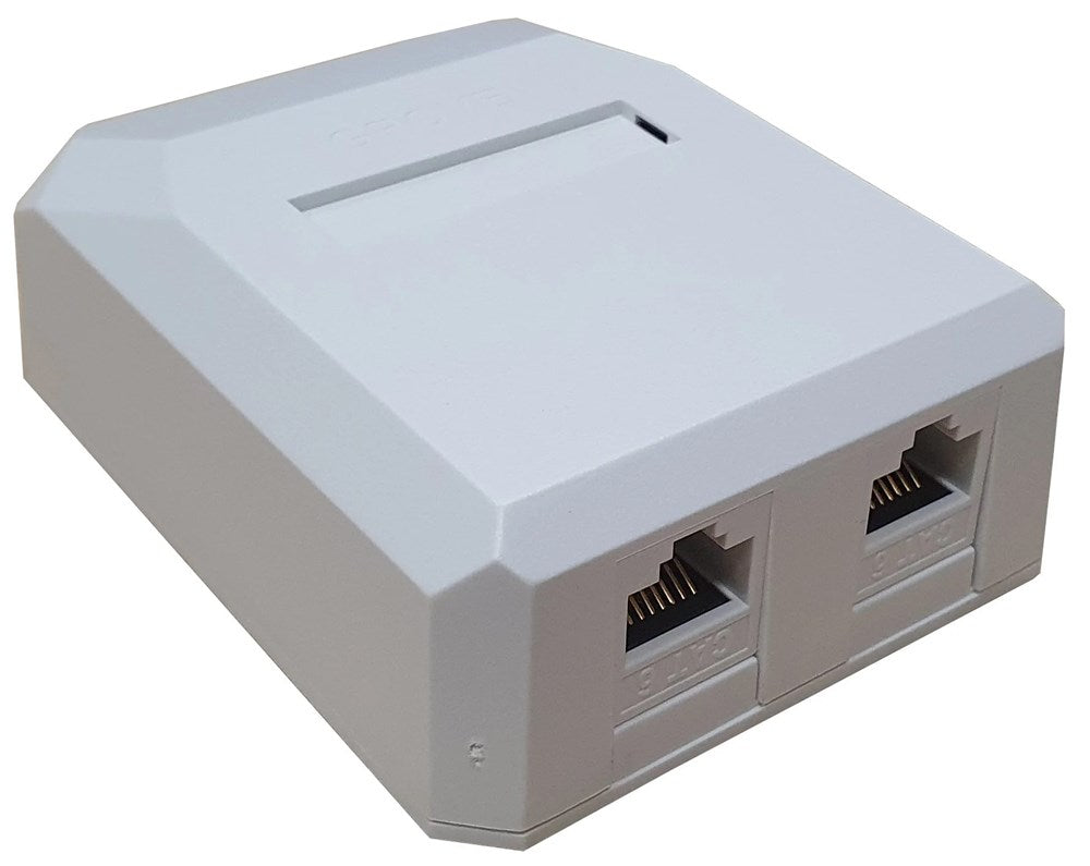 Grove Elite 2 Port Cat6 Surface Mount Box with Cat6 jacks for easy, high-speed network connections in home or office.