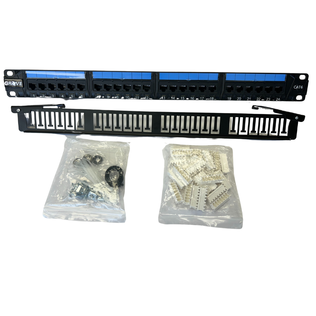 Grove Cat6 PCB Patch Panel with Rear Manager, pre-loaded for easy installation, supporting 10 Gbps speeds and 500 MHz frequency for efficient network setup.