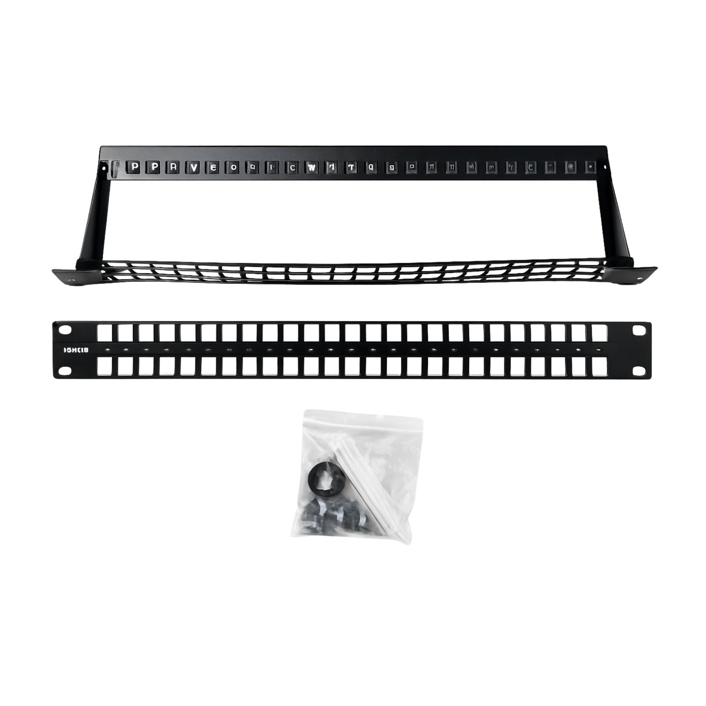 Black metal roof rack system with mounting hardware on a white background
