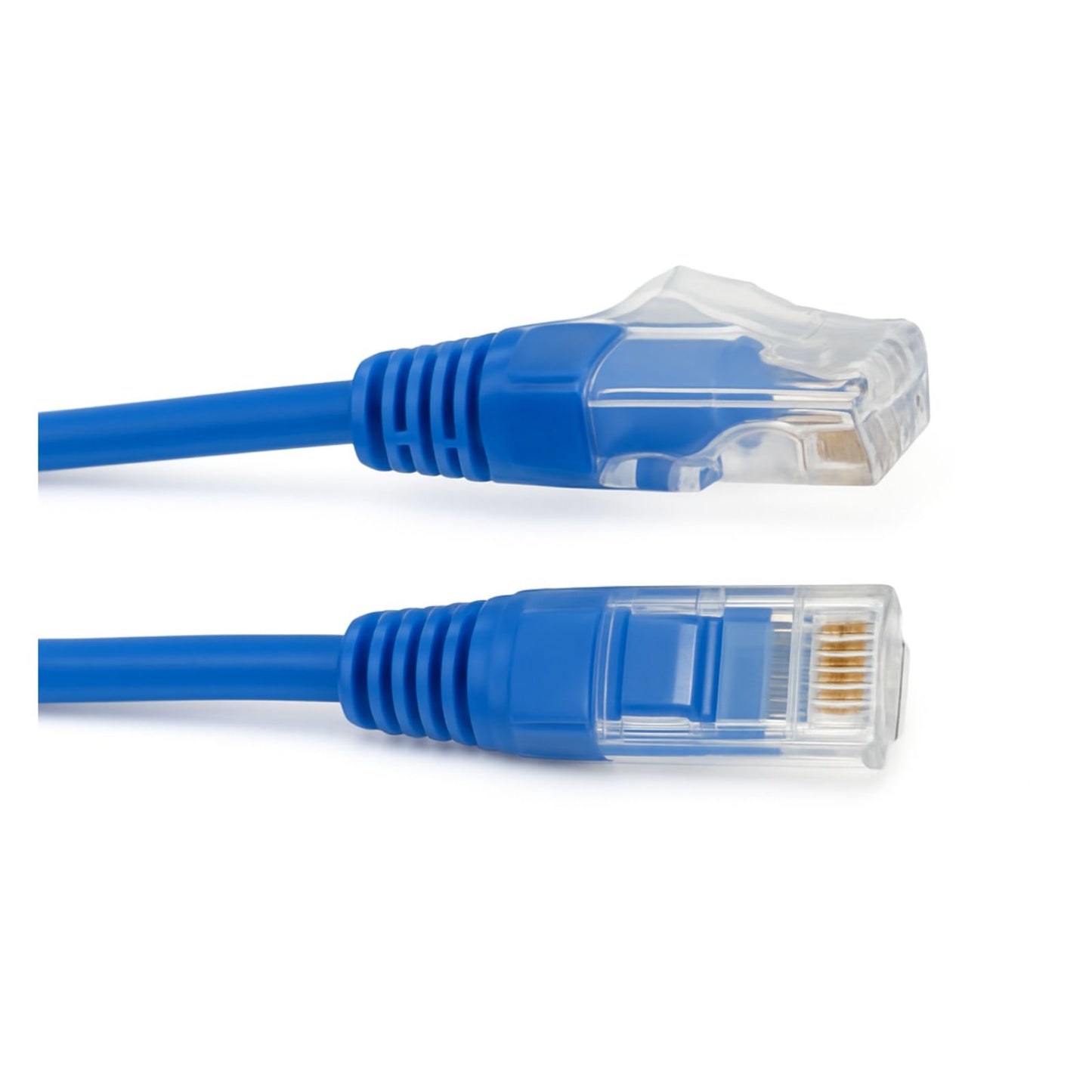 200 mm Cat6 Thin 28 AWG LSZH Blue Patch Lead with RJ45 connectors for high-density networking, supporting up to 1 Gbps and PoE.