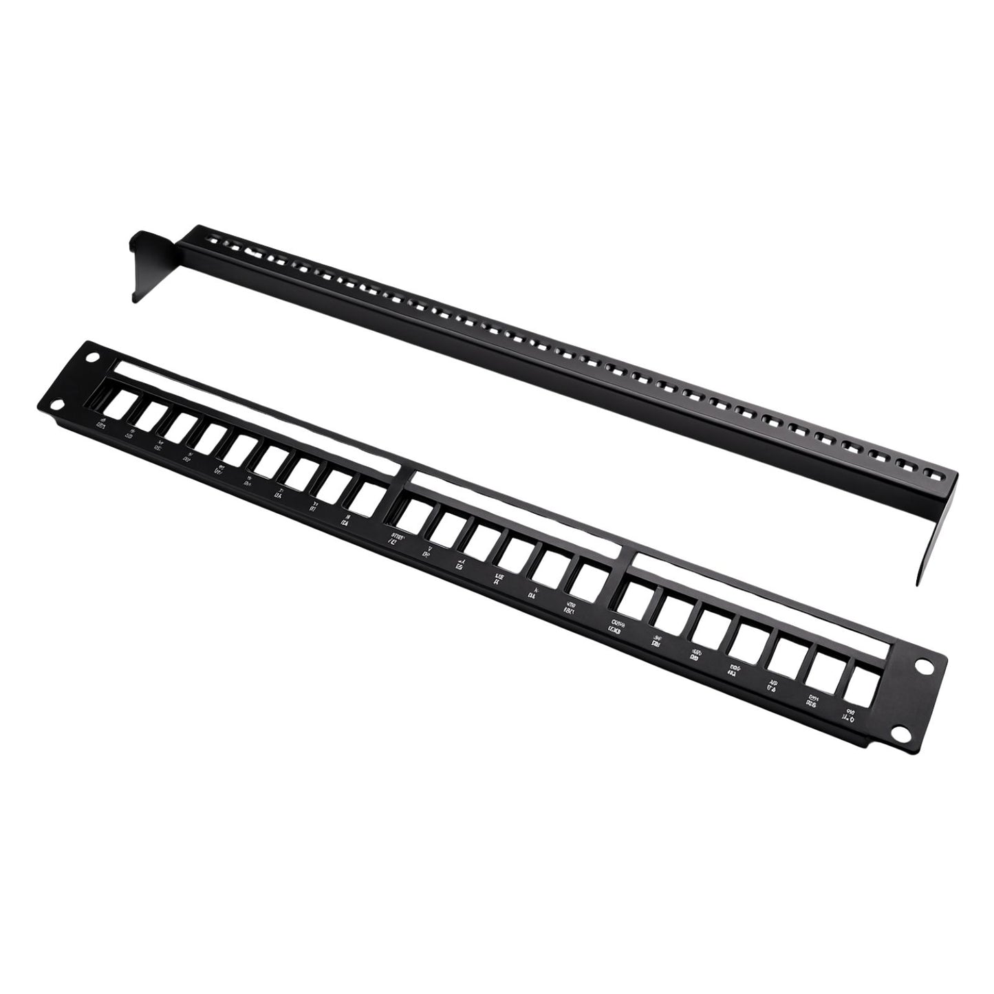 Black metal panel with multiple cutouts on a white background