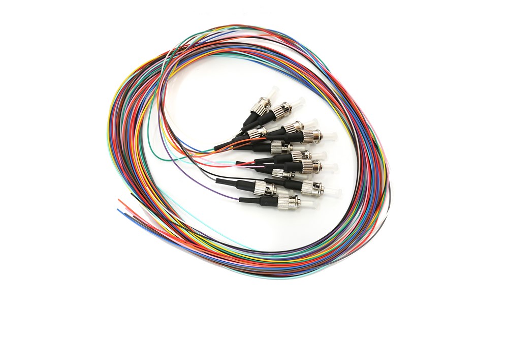 Pack of 12 ST‑connector OM1 multimode fibre pigtails, each 2 m long, colour‑coded for network splicing and data‑centre applications.