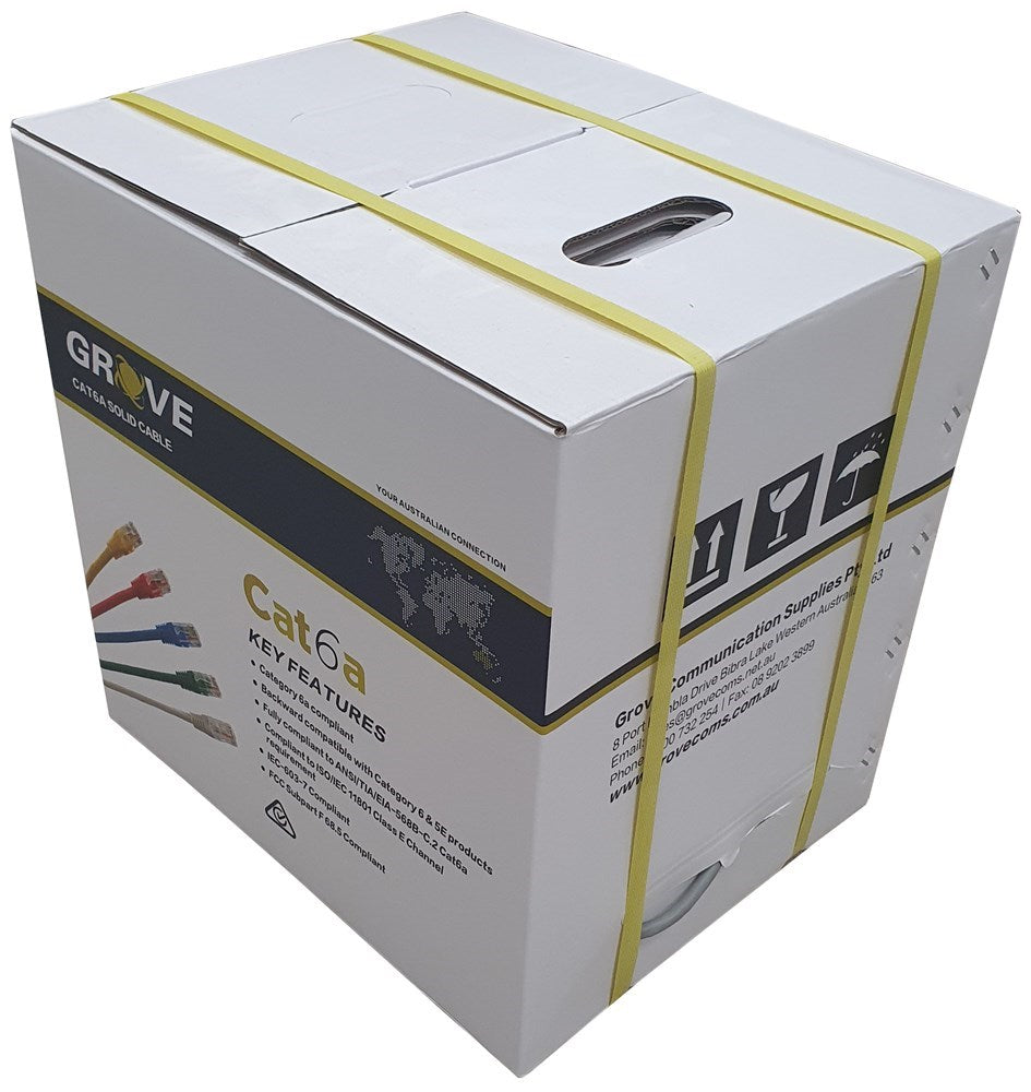 A box of GROVE branded Cat6A network cables in gray and purple colors, with labels indicating the cable type and features.