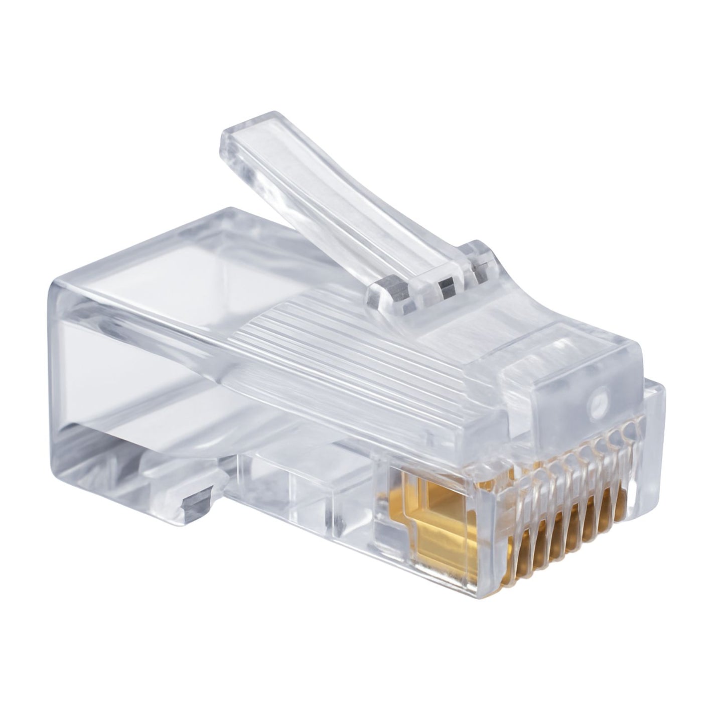 Clear Ethernet cable connector on a white background