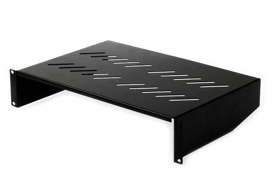 The 2RU 300mm Cantilever Shelf | Black is a durable and versatile shelf designed to provide additional storage space within a standard 19-inch server rack or network cabinet