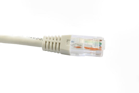 200mm Cat6 patch lead in white, designed for reliable data transmission in network connections, ideal for use in compact spaces and equipment setups.