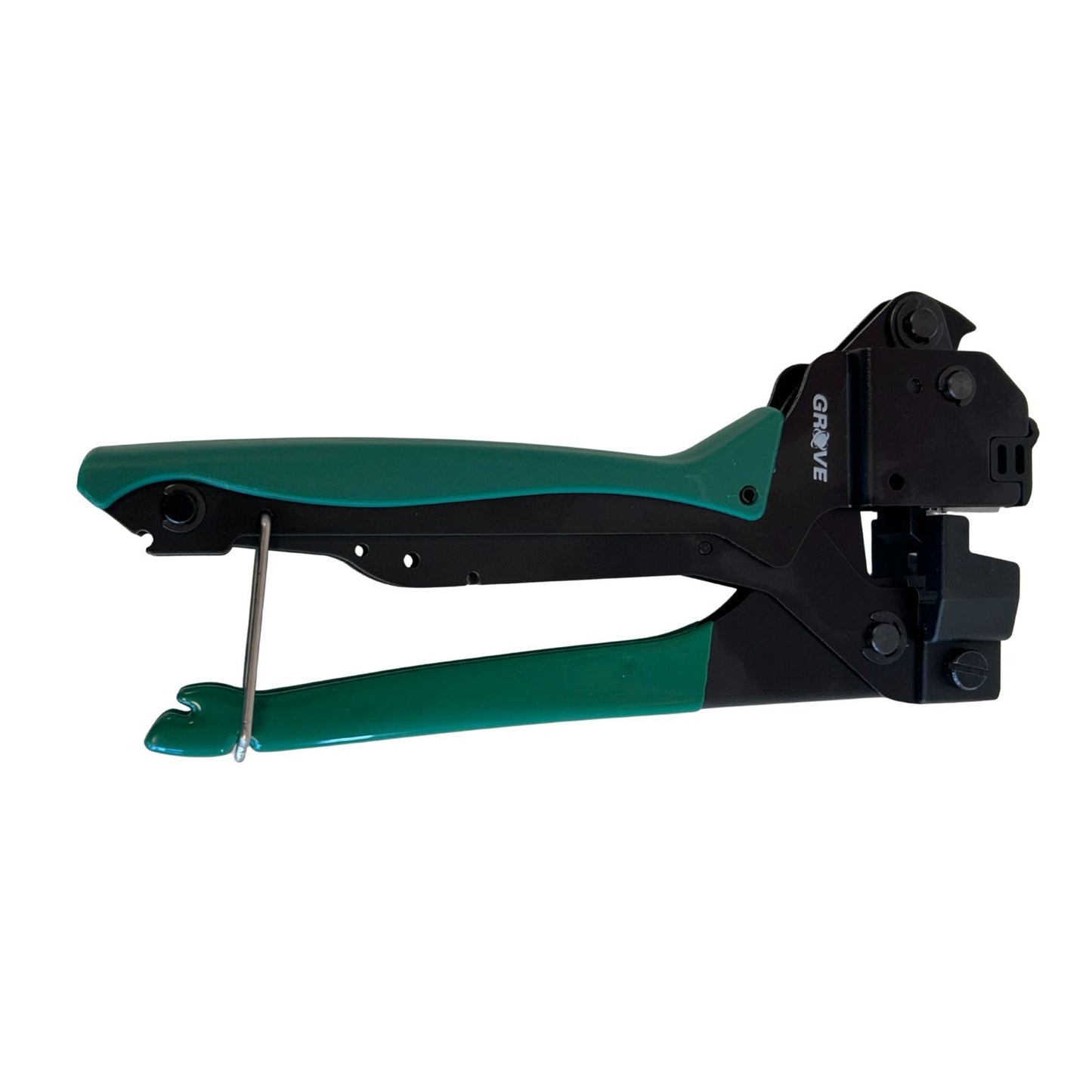 A GROVE 4 Pair Termination Tool, primarily black and green in color, designed for network installation and cable management.