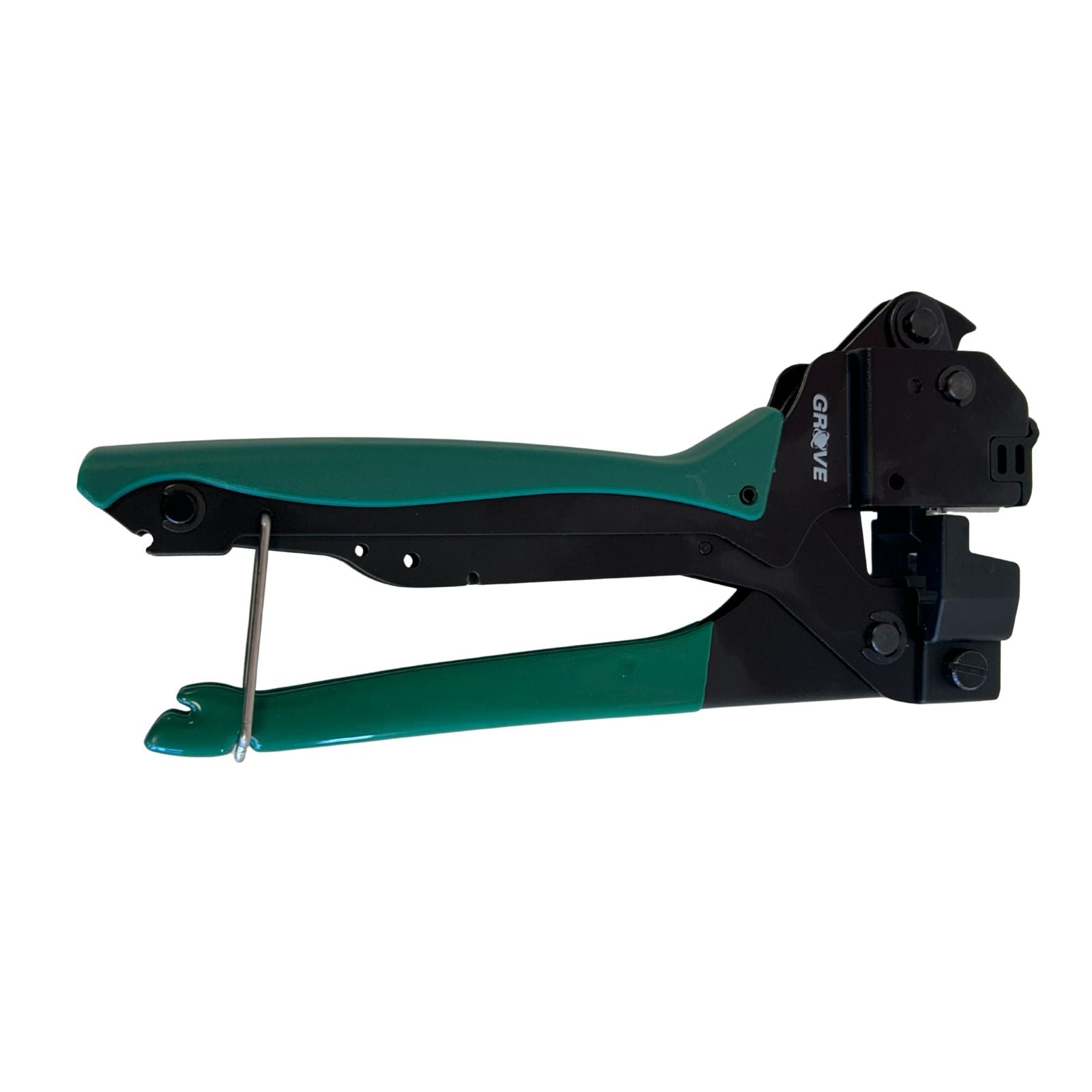 A GROVE 4 Pair Termination Tool, primarily black and green in color, designed for network installation and cable management.