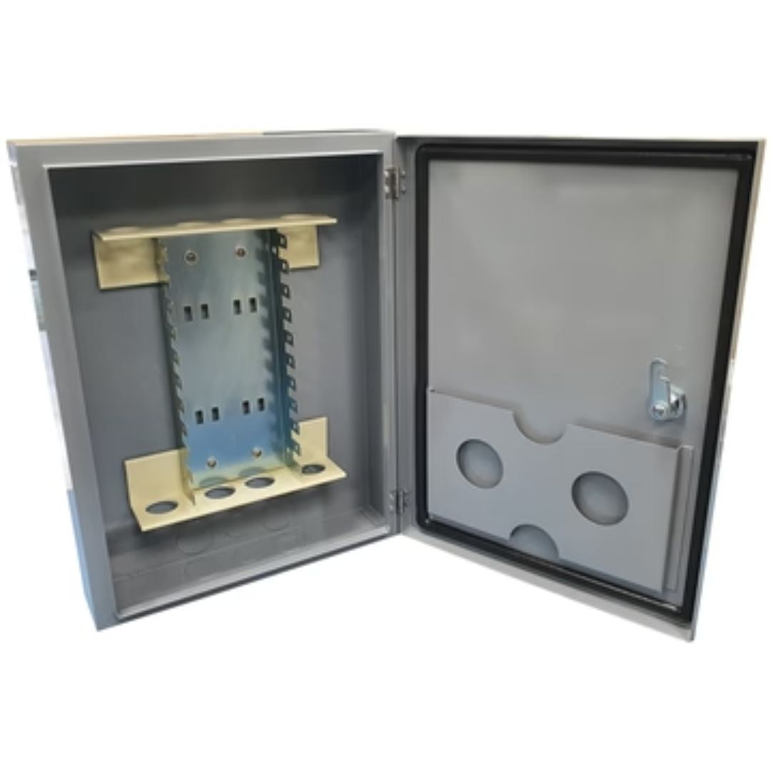 Grove IP55 100 pair MDF enclosure, powder-coated steel, 405 × 304 × 93 mm, wall or recessed mount, lockable door