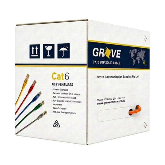 Grove 4 Pair UTP Cat6 305Mtr Orange Cable Box for 1Gbps networks, ideal for LAN, VoIP, CCTV, and enterprise structured cabling