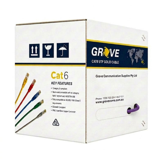 Grove 4 Pair UTP Cat6 305Mtr Purple Cable Box for 1Gbps networks, ideal for LAN, VoIP, CCTV, and enterprise structured cabling