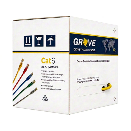 Grove 4 Pair UTP Cat6 305Mtr Yellow Cable Box for 1Gbps networks, ideal for LAN, VoIP, CCTV, and enterprise structured cabling