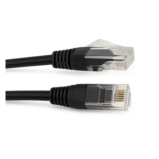 1M Cat6 Thin 28 AWG LSZH Black Patch Lead with RJ45 connectors, supporting up to 1 Gbps and PoE.