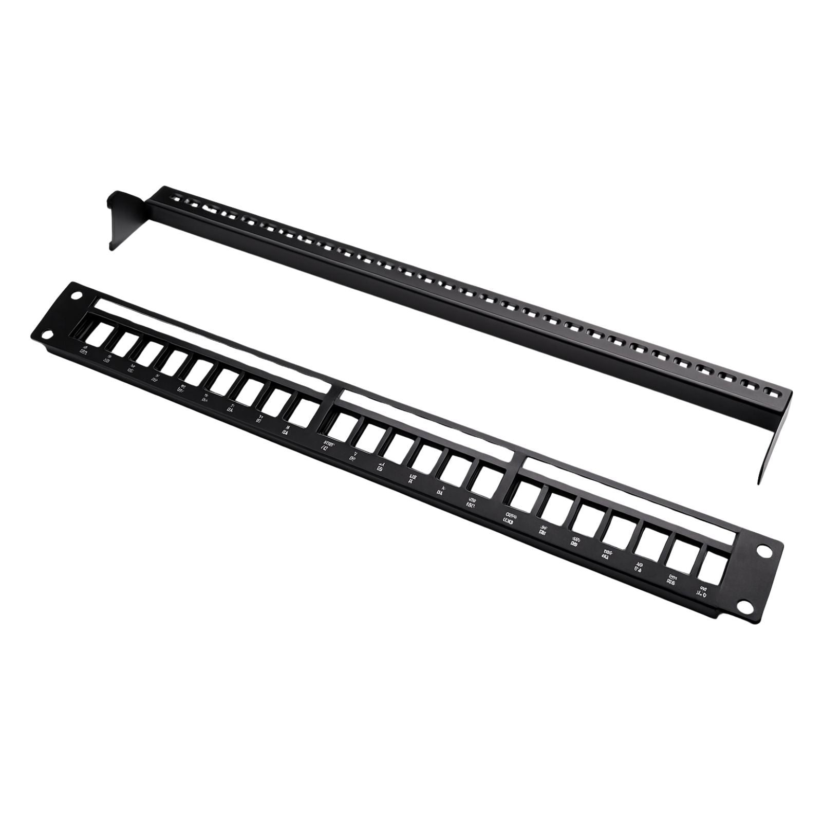 Black metal panel with multiple cutouts on a white background