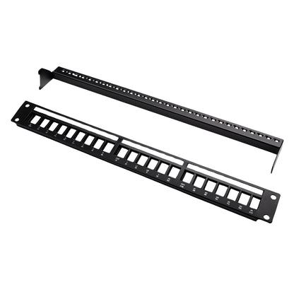 Black metal panel with multiple cutouts on a white background