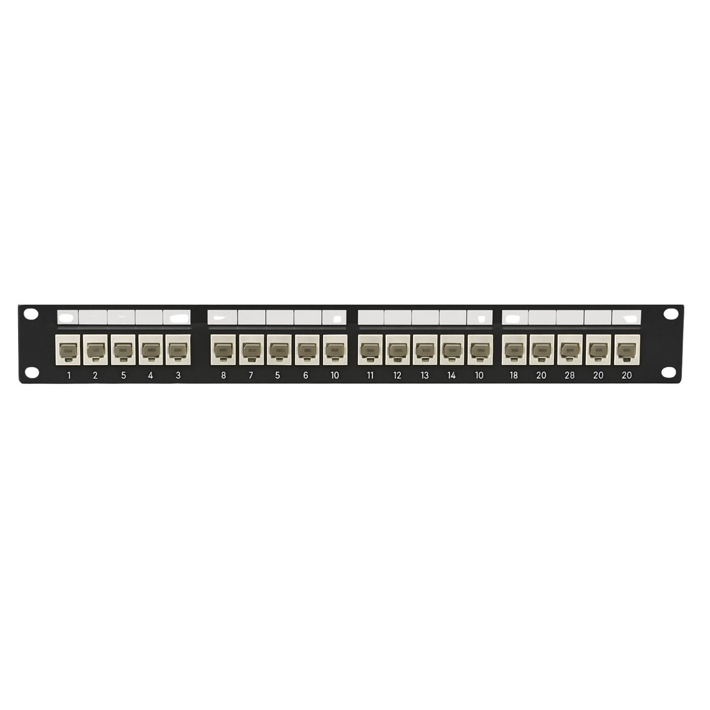 Patch panel with multiple ports on a white background