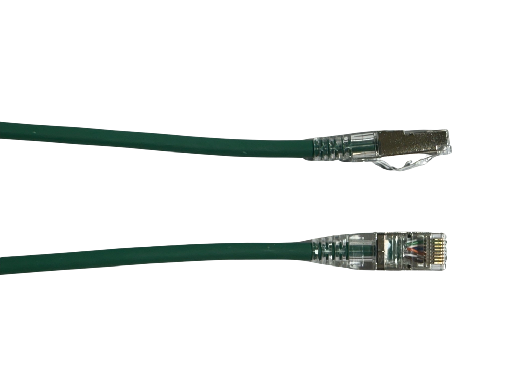 Grove 5.0M Cat6A Thin S/FTP Patch Lead 28AWG in green, designed for high-speed data transmission up to 10 Gbps with a flexible, shielded construction.