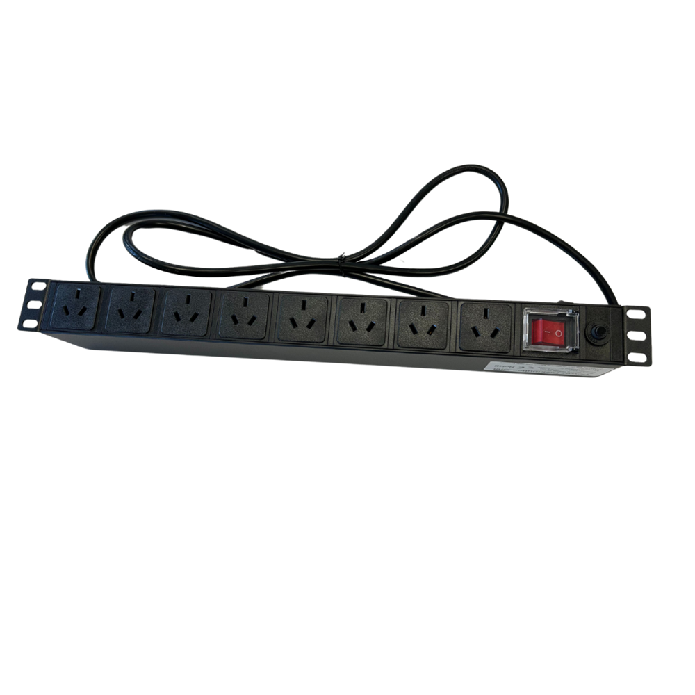 Power strip with multiple outlets and a cable on a white background