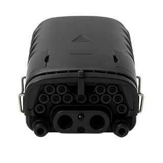 Black fibre distribution box for organized fibre optic cable management and secure terminations in any installation.