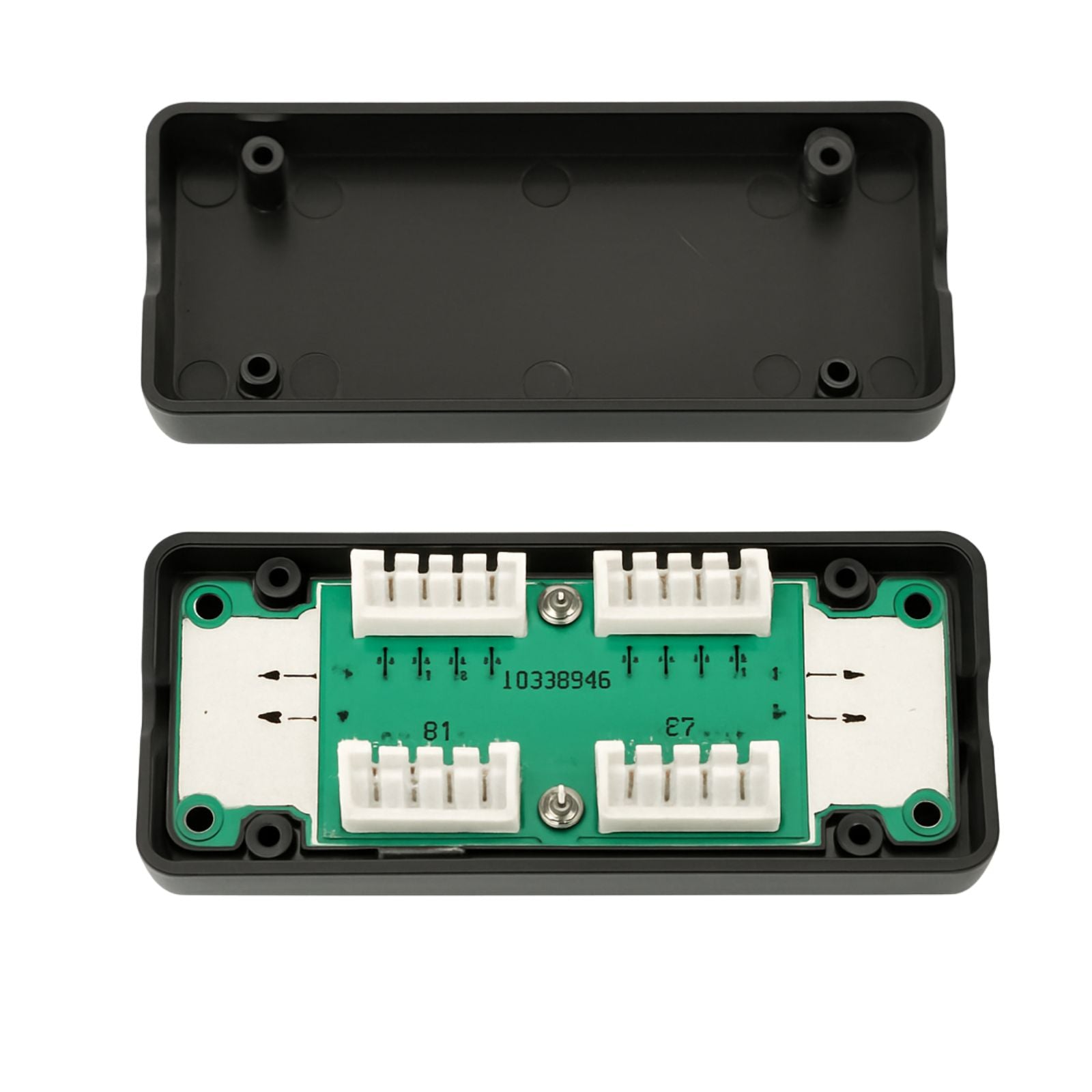 Electronic component with green circuit board and black housing on a white background