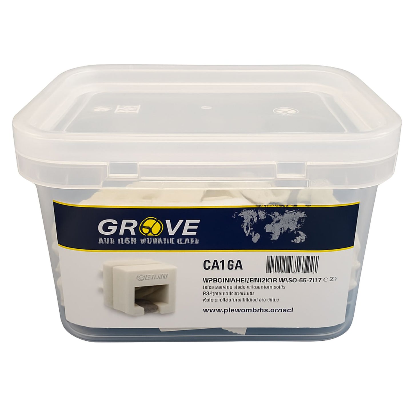 White Cat6A modular jacks supplied in a tub of 100 for high-speed 10G Ethernet and structured cabling installations