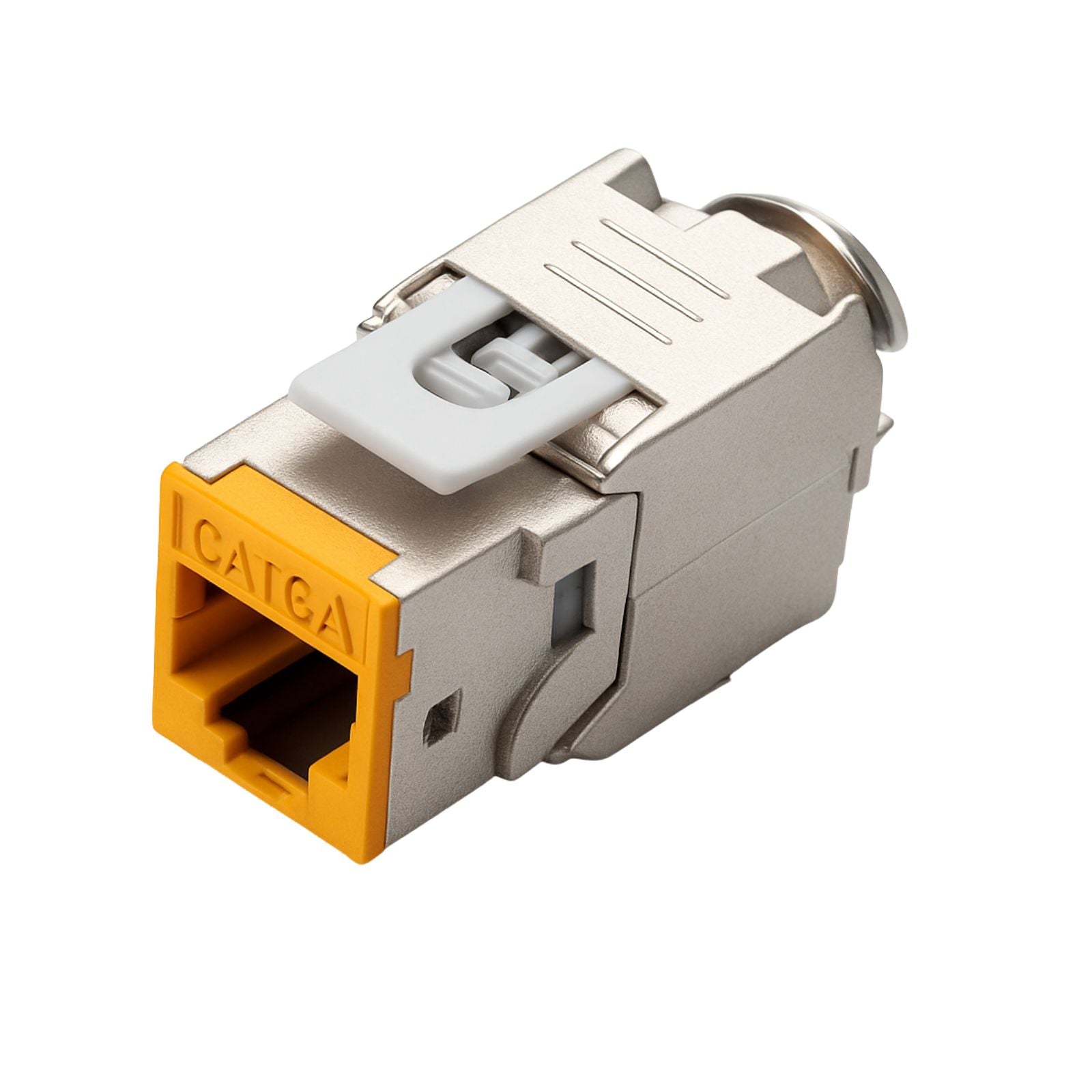 Orange Cat6A Shielded Keystone Panel Jack, bag of 12, providing reliable 10G Ethernet for structured patch panel installations