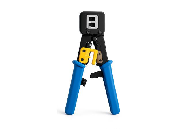 Pass through RJ45 plug crimp tool for stripping, cutting and crimping Cat5e/Cat6 pass-through Ethernet connectors