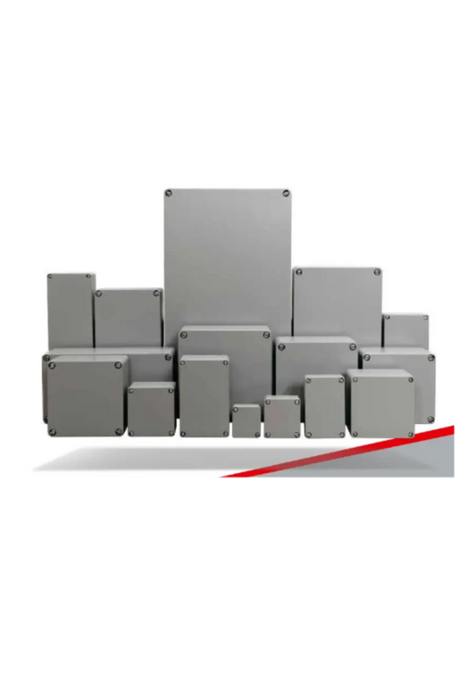 IP68 aluminium junction box, 100mm x 100mm x 81mm, natural finish, with stainless steel mounting screws and copper-coated earthing screws.