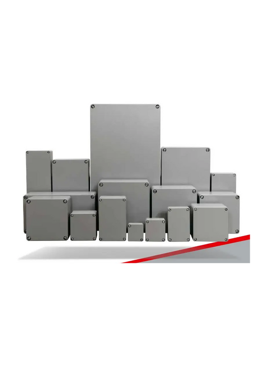 IP68 aluminium junction box, 160mm x 160mm x 91mm, RAL7001 silver grey finish with stainless and copper-coated screws for outdoor installations.